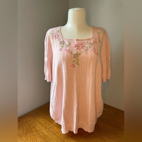 Alfred Dunner Size XL Pink Square Neck Short Sleeve Embroidered Beaded Sweater - Picture 1 of 16